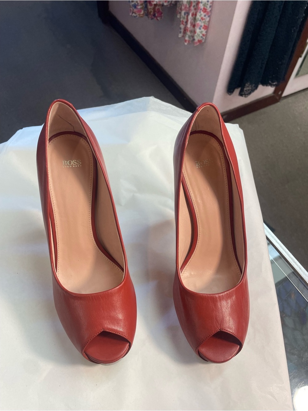 BOSS Red Leather Peep-Toe Heels